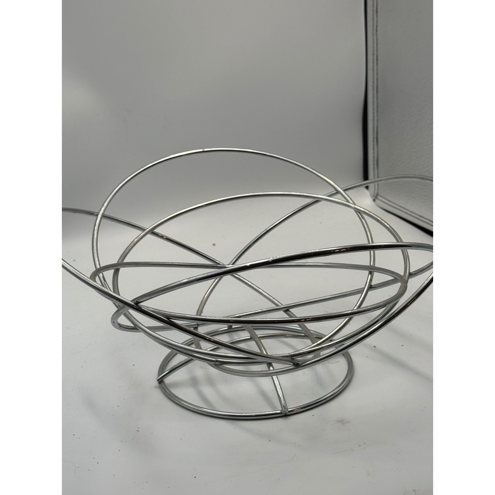 Modern Chrome Orbital Wire Fruit Bowl Silver Metal Ring Geometric Centerpiece